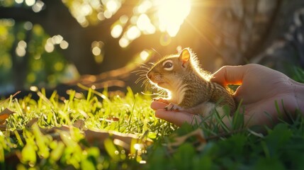 A small squirrel resting in a person's hand, bathed in the warm sunlight of a tranquil park.