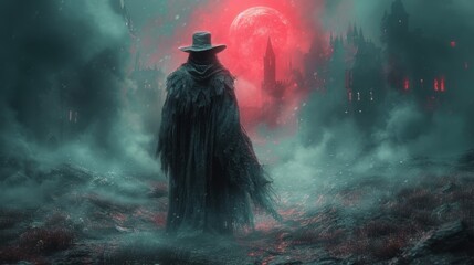 a man in a black cloak and hat standing in a foggy area with a full moon in the background. - obrazy, fototapety, plakaty