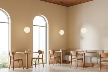 White cafe corner with arched windows