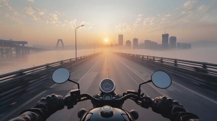 First-person view of a motorcycle ride over a bridge at sunrise, with the city skyline shrouded in morning mist. - obrazy, fototapety, plakaty