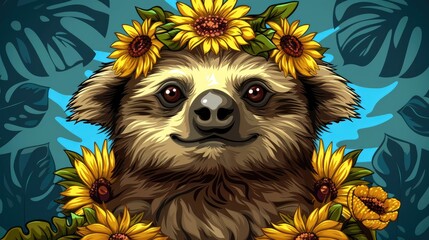 Naklejka premium A cute brown sloth with a flower crown on its head