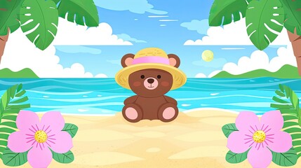 A cartoon bear is sitting on a beach with a pink hat on