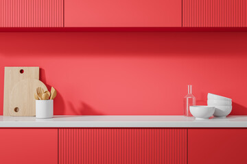 Red home kitchen interior with kitchenware on counter and shelves - obrazy, fototapety, plakaty