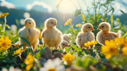 Group of young chicks surrounded by yellow flowers under the sunlight, with a backdrop of a serene sky.