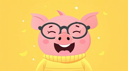 Fototapeta premium A cartoon pig wearing glasses and a yellow sweater is smiling