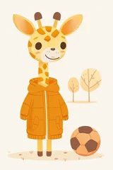 Foto op Canvas A giraffe wearing a jacket and holding a soccer ball © AdriFerrer