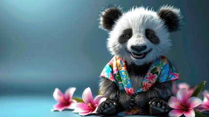 A cartoon panda bear is sitting on a bed of flowers