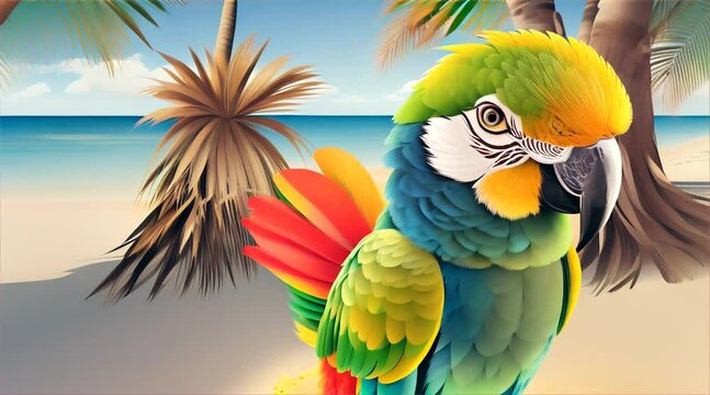A cartoon parrot wading in a clear lagoon, surrounded by towering cliffs and crystal waters that reflect the sunset sky