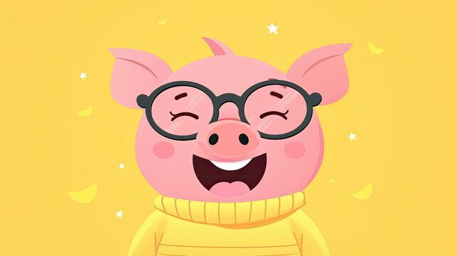 Naklejki A cartoon pig wearing glasses and a yellow sweater is smiling