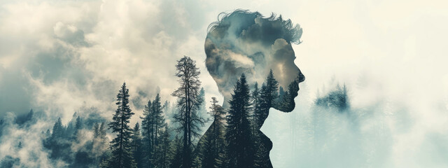 Double exposure of man and forest of cloudy mountains