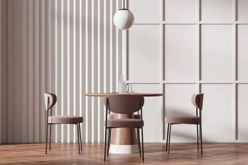 A dining area with modern chairs and table, minimalistic design, on a patterned wall and wooden...