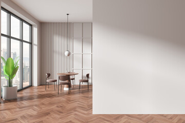 Modern dining area with city view, wooden floor, and white walls, concept of home interior with copy space. 3D Rendering