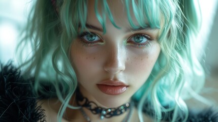 Fototapeta premium a close up of a woman with green hair and blue eyes wearing a choker and a choker necklace.