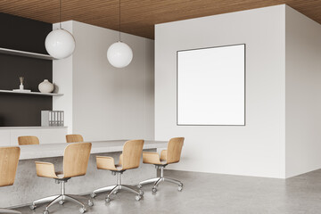 Minimalist office meeting interior with board and seats, mockup frame