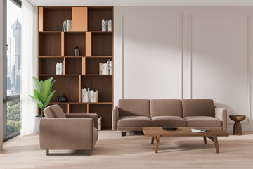 Modern living room interior with furniture, wooden elements, and city view through the window, design concept, 3D Rendering. 3D Rendering © ImageFlow