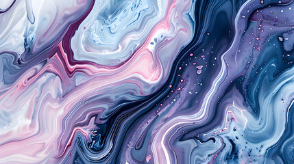 Abstract ivory and indigo marble background with swirls of liquid crimson acrylic paint top view - obrazy, fototapety, plakaty