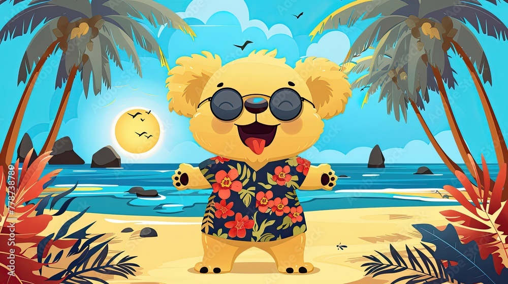 Canvas Prints A cartoon bear wearing sunglasses and a Hawaiian shirt is standing on a beach