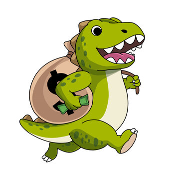 cartoon dinosaur running away with a bag of money, theft, corruption, crime illustration