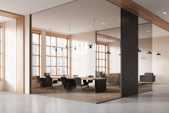 White and glass office board room corner