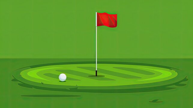 A golf ball is on a green grass field with a red flag in the foreground