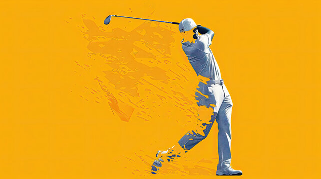 A man is swinging a golf club on a yellow background