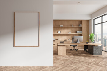 Stylish ceo interior desk with pc desktop and shelf with window. Mockup frame