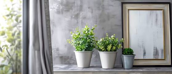 Empty picture frame and small pottet plants. Generative ai design art concept.