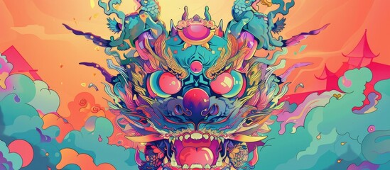 A vibrant painting of a dragons head set against a colorful background filled with magenta, electric blue, and intricate patterns, showcasing the artists creativity in visual arts
