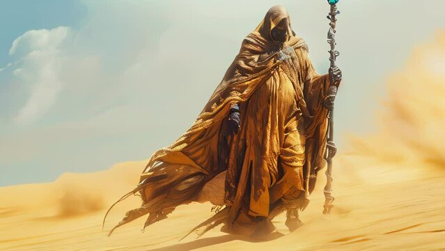 Against a desert backdrop, a sorcerer clad in a deep navy robe strides with a staff in one hand. The robe flutters in the wind, its silhouette merging with the undulating dunes. 