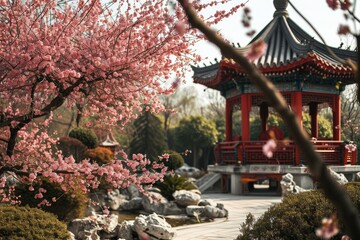 Chinese garden, A traditional Chinese garden with a red pagoda and cherry blossoms, AI-generated