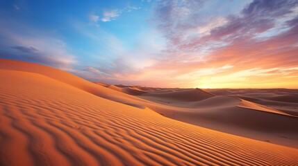 Fototapeta na wymiar A close up photo of desert sand dunes, with a stunning sunset and a gradient of colors