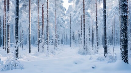 Naklejka premium A serene and beautiful view of a pristine snowy forest with tall trees and white snow