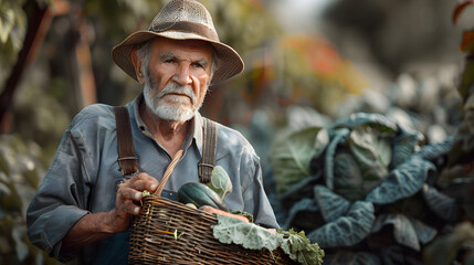 An elderly farmer with a hat and overalls stands against a farm background