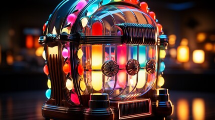 A 3D render of a classic jukebox with colorful lights and records