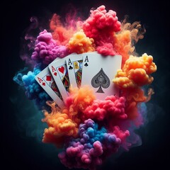Playing cards, aces of all suits, emerge from colorful smoke clouds in a dynamic and artistic representation of chance and skill. AI Generation