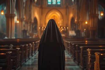 Back view of nun in the church