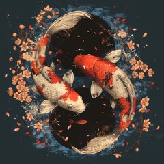 Two koi fish swimming in a pond with cherry blossoms in the background
