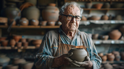 An elderly potter with glasses and a smock stands against a pottery studio background