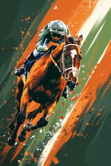A horse is running in a race with a man on top of it. The horse is brown and the man is wearing a helmet. The image has a sense of motion and excitement as if the horse is in the middle of a race