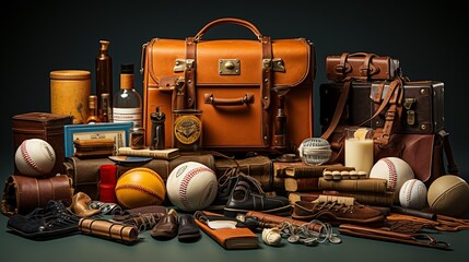 A 3D render of retro sports memorabilia including vintage baseball cards and a leather football - obrazy, fototapety, plakaty