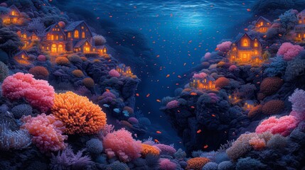 a painting of a coral reef with a house in the distance and a full moon in the sky above it.