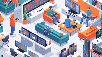 An isometric illustration of game developers testing games in a studio setting - obrazy, fototapety, plakaty