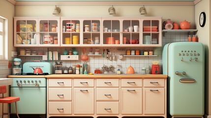 A 3D rendered scene of a vintage kitchen with pastel appliances and formica countertops