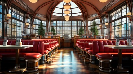 A classic diner interior scene with red vinyl seats and a retro jukebox
