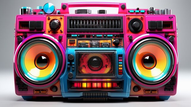 A classic 1980s boombox with vibrant neon colors