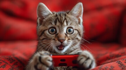 a kitten is holding a remote control in its paws and looking at the camera with a surprised look on its face.