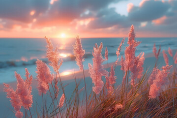 Beautiful pink grasses on the beach at sunset, seascape. Created with Ai 