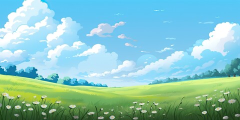 Floral summer or spring landscape, meadow with flowers, blue sky, white clouds, flowers and grass