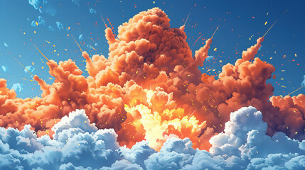 A whimsical and dynamic cloud explosion, with colorful particles and streaks lighting up a serene blue sky.