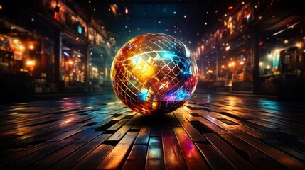 A nostalgic scene of a school disco with a disco ball and colorful lights